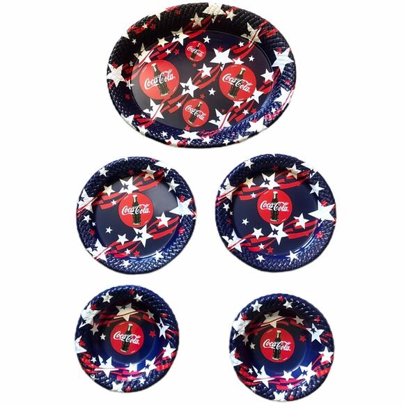 Coca-Cola Patriotic Plasticware Tray, 2-Plates, 2-Bowls, Chip dip Tray Bundle - Picture 2 of 13